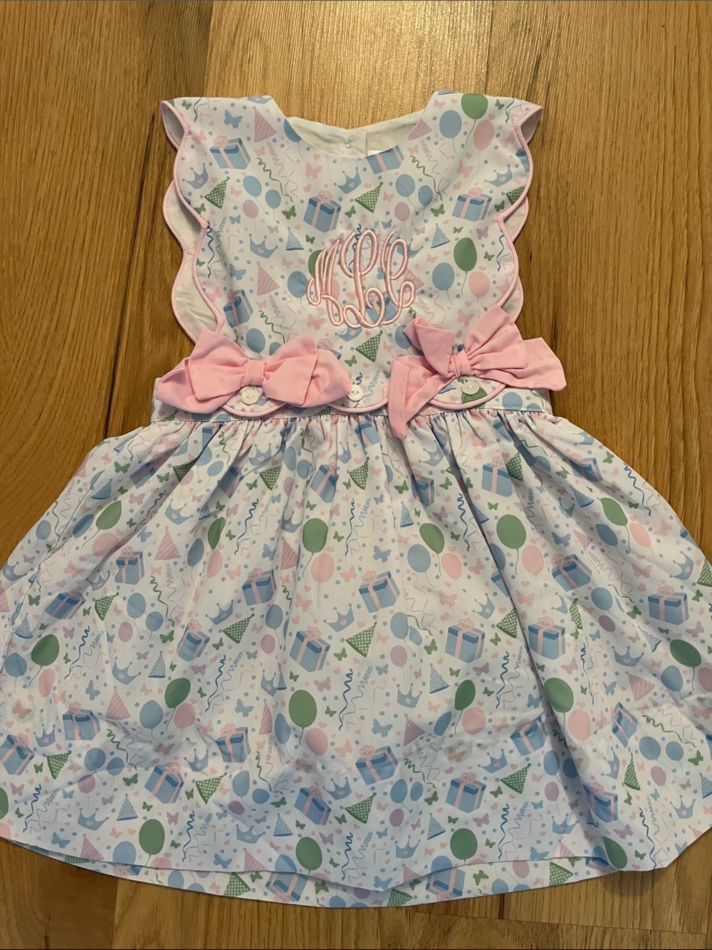 Pink Bow Party Print Girls Dress with Monogram ‘MLC’